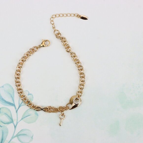 "Rose Gold Heart & Charm Link Bracelet in Premium Gold Plated Brass, XPBL0907 - Picture 2 of 13